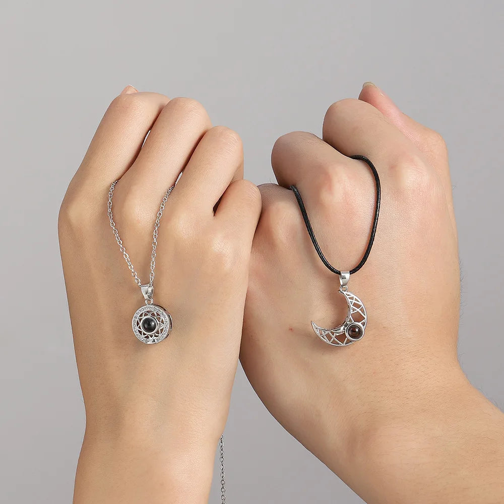 2PCS Magnetic Couple Matching Necklace 100 Languages I Love You Projection Sun Moon Heart Shape Magnet Paired Pendant Lover Gift